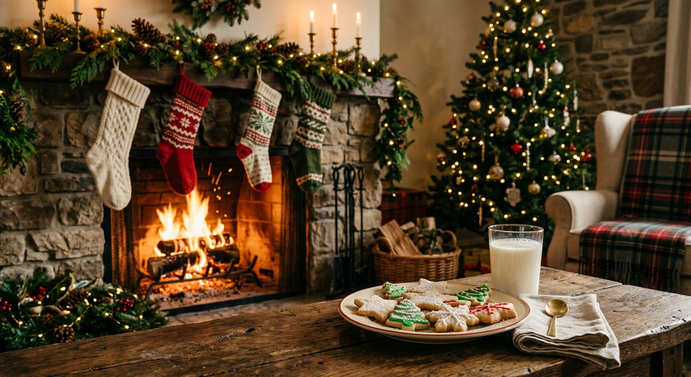 Cookies and a glass of milk beside a glowing fireplace with stockings