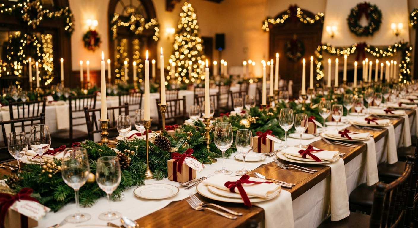 A holiday banquet table set with evergreen garland, candles, and small gifts