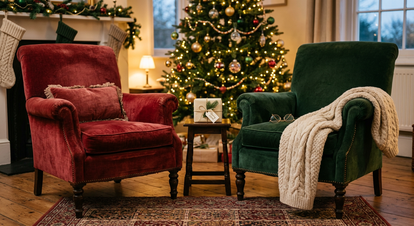 Two velvet armchairs, one red and one green, in front of a Christmas tree with spectacles and a shawl on one chair